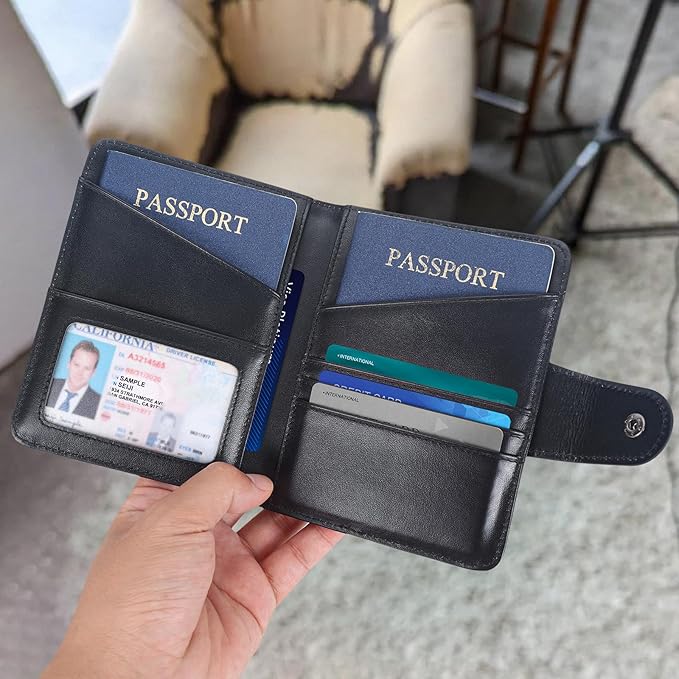 Polare Napa Leather Slim and Soft RFID Blocking wallet For Men Snap Bifold Travel Wallet Passport Holders 2 Passports (Black with AirTag Slot)