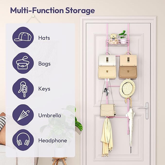 SWTYMIKI Over The Door Purse Organizer - Wall Mounted Handbag Organizer with 16 Hooks and Metal Basket, Hanging Purse Storage Rack Holds up to 16 Bags, Bag Rack Can Use As 1/2 Part, for Door, Closet