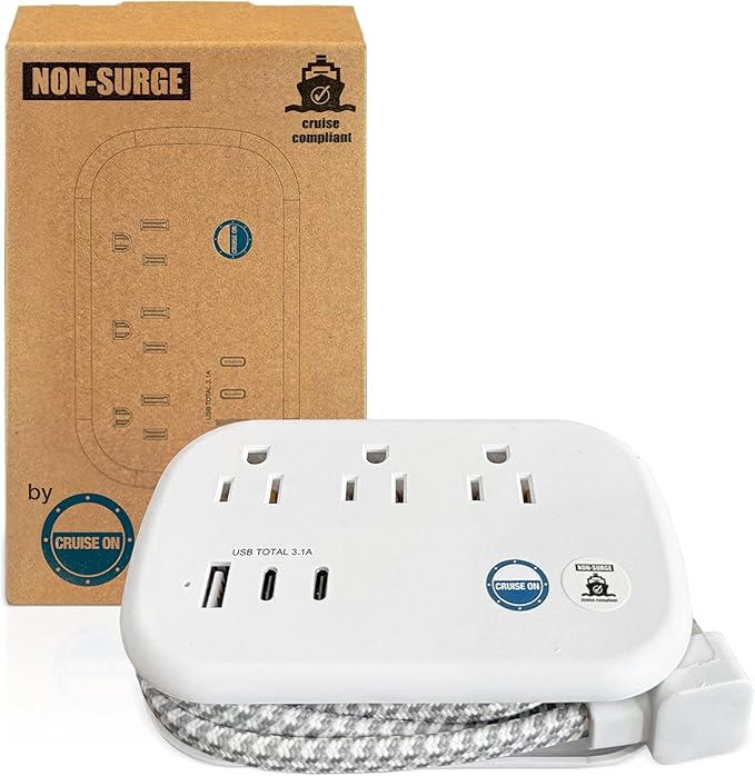 Cruise Approved Power Strip Non Surge Protector - 3.3 ft Wrapped Travel Extension Cord, 2 USB-C, 1 USB, 3 AC Outlet, Cruise Ship Essentials for Carnival, Princess & Major Lines in 2026 & 2027