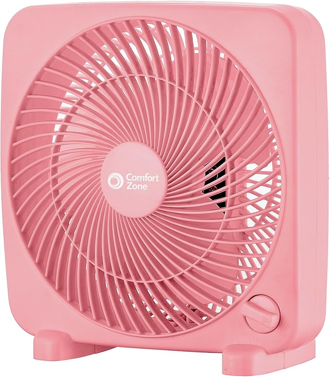 Comfort Zone 9-inch Portable Box Fan – Compact Desktop Cooling Fan with 3-Speeds, Quiet Operation, Built-in Carry Handle & Safety Grill – ETL Listed for Home, Office, or Dorm – Pink