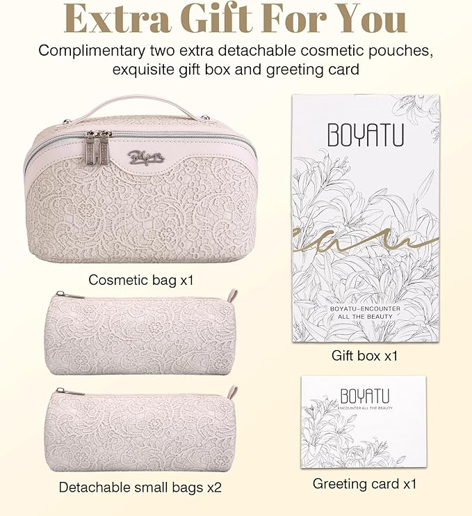 BOYATU Travel Makeup Bags Cosmetic Organizer Bag: 3 Pcs Set Large Capacity Make up Bag with Compartments - Waterproof Leather Toiletry Bags with Handle for Women (A-White)
