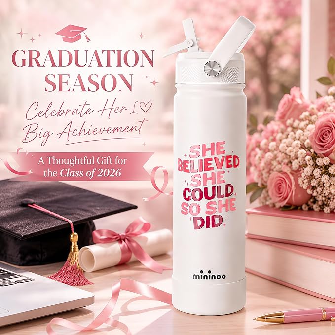 mininoo 2026 Graduation Gifts, 24 oz Insulated Stainless Steel Water Bottle Straw Lid, She Believed She Could So She Did, Cup Holder Friendly Bottle for Women Girls
