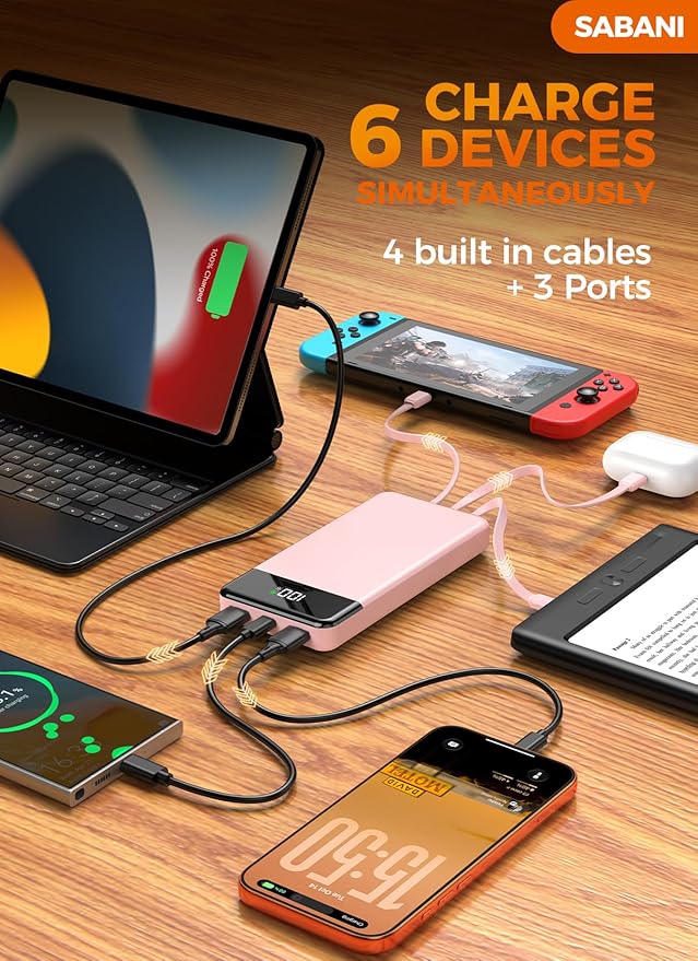 Portable Charger 35000mAh Power Bank - Powerbank with 4 Built in Cables, 22.5W Fast Charging Travel Camping Essential Battery Pack Compatible with iPhone 17 16 15 14 13 Samsung Google, 1 Pack
