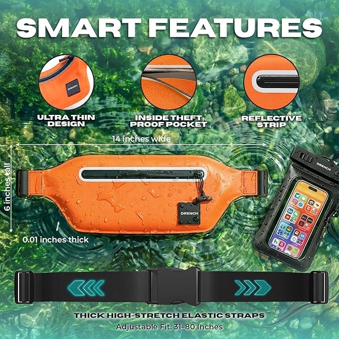 Drench Waterproof Fanny Pack & Waterproof Phone Pouch Set | IPX8 Submersible Waist Pack Dry Bag for Fishing, Hiking, Camping, Kayaking, Paddle Boarding & Water Sports | Orange