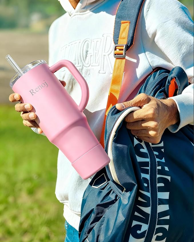 Renoj Insulated Mug 100% Spill Resistant Insulated Water Bottle for Iced Coffee & Hot Drinks - Fits Car Cup Holder, Ideal Gift, 2 Straws & Silicone Boot - FlexSlide Pink 40 oz