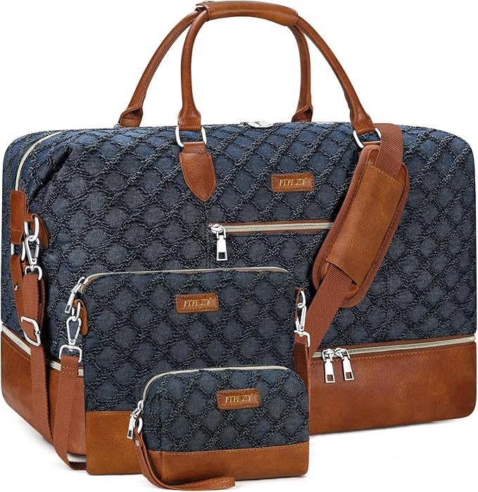 ITIEZY Weekender Overnight Bag for Women - Large Travel Duffel Bag with Shoe Compartment, Gym Duffel Bag Hospital Bag Carry On Tote Bags for Airplanes with Crossbody Bag Toiletry Bag 3Pcs Set