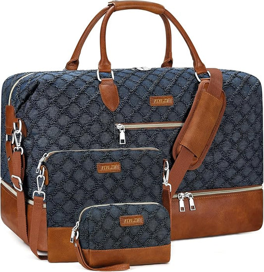 ITIEZY Weekender Overnight Bag for Women - Large Travel Duffel Bag with Shoe Compartment, Gym Duffel Bag Hospital Bag Carry On Tote Bags for Airplanes with Crossbody Bag Toiletry Bag 3Pcs Set