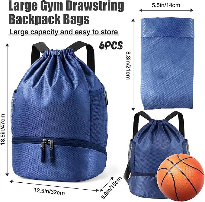 6 Pack Gym Drawstring Backpack Bags Bulk with Shoe Compartment for Sports Wet Proof Pocket for Men Women Large(Blue, Black)