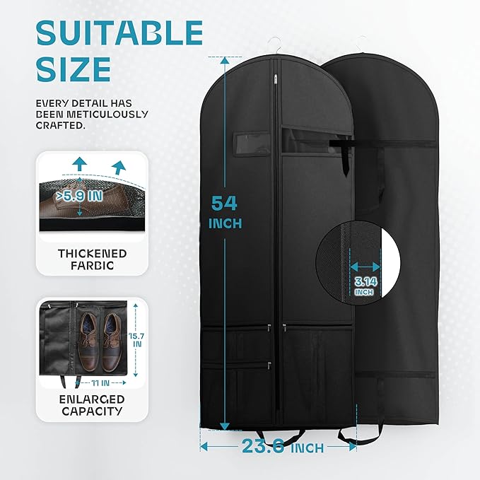 Lazebox 54" Travel Garment Bag with Accessories Zipper Pocket, Heavy Duty Suit Bag for Suits, Tuxedos, Dresses, Coats, Black, 1 pack