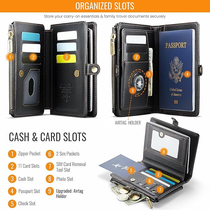 Passport Holder Wallet Bag with AirTag Holder, 11 Card Slots and Passport Solt Cash Solt Photo Solt Zipper Pocket, RFID Blocking Wristlet Strap.Black