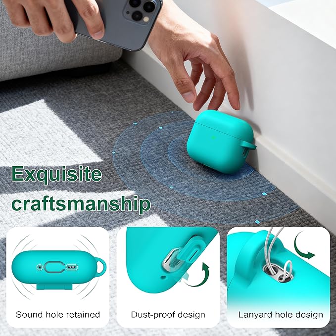 R-fun for AirPods Pro 3 Case (2025), Soft Silicone Protective Case Cover Compatible with Apple AirPods Pro 3rd Generation (USB-C Cable) for Women Men with Cleaning Kit and Keychain, Teal