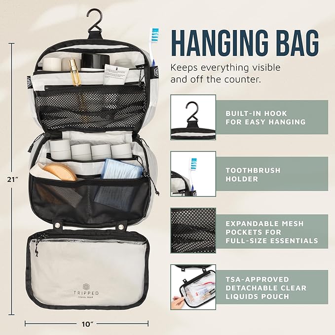Toiletry Bag Kit Set: Hanging Travel Toiletry Bag + 311 TSA Cosmetic Liquid Bag + Ultralight Accessory Organizer Pouch