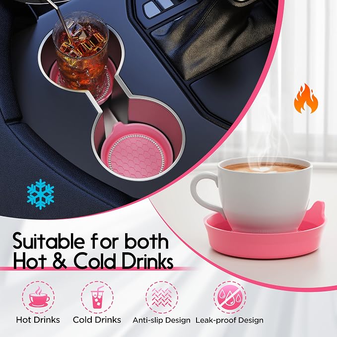 Amooca Car Cup Coaster Universal Non-Slip Cup Holders Bling Crystal Rhinestone Car Interior Accessories 2 Pack Peach Pink