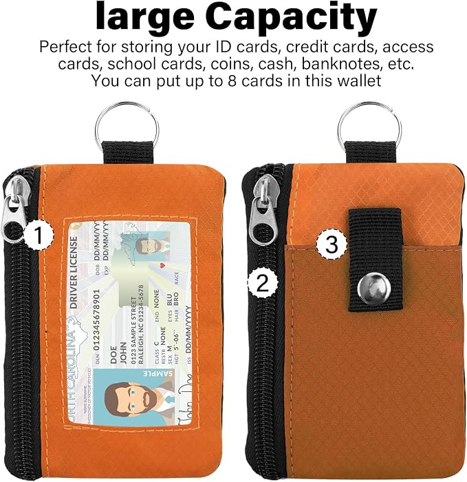 Minimalist RFID Wallet with Lanyard, Multi-Functional ID Case with 2 Zipper Pockets and Key Chain for Men and Women, Tactical Badge Pouch Cards Holder, Coin Purse for Travel Sports - Orange
