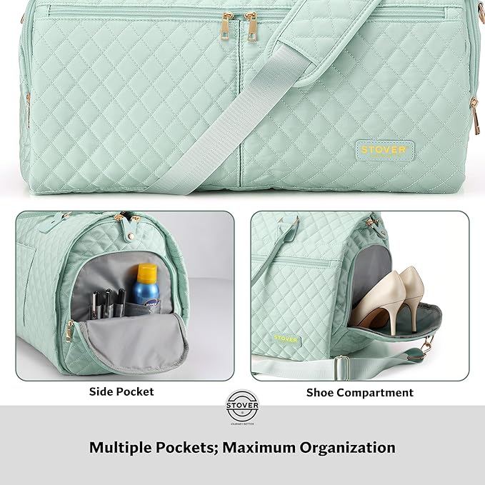 STOVER Women’s Convertible Garment Duffel Bag for Travel – 2-in-1 Carry-On Weekender/Overnight Tote - Wrinkle-Free Dresses, Suits & Clothes + Shoe Compartment & Bonus Toiletry Bag (Coastal Mint)