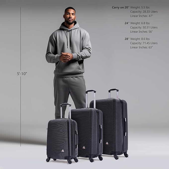 InUSA ROYAL Hardside Luggage Set with Spinner Wheel | Spacious Travel Suitcases with Ergonomic GEL Handle and Studs | (20/24/28) 3 Piece Luggage Set | Black