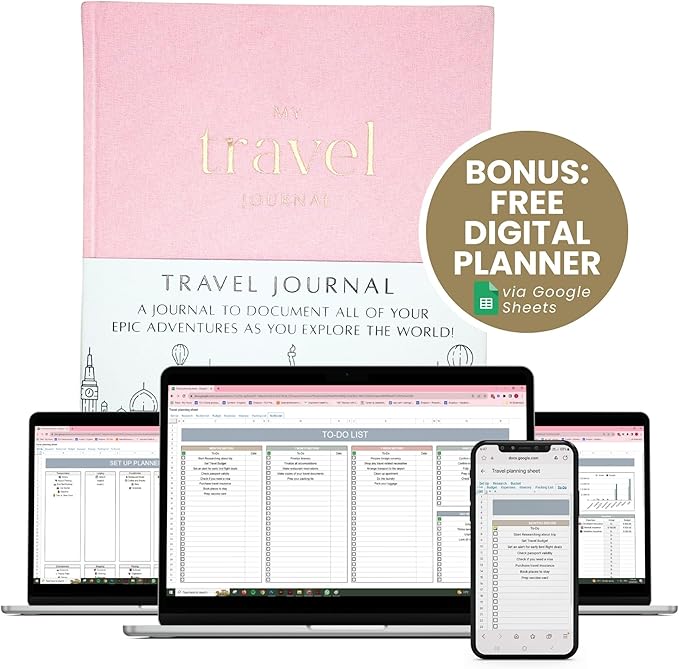 Inspired Ink Travel Journal for Women and Men Travel Bucket List Journal 210 Pages Traveler Adventure Notebook – Itinerary Planner Organizer & Traveling Memory Diary Memorial Gift for Travelers - Pink