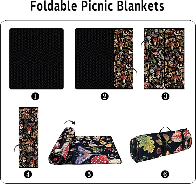 Supfitness Extra Large Picnic Blankets Waterproof Foldable (60"x 80") Mushroom Beach Blanket Waterproof Sandproof,3-Layer Thicking Mat Outdoor Packable Camping Blanket