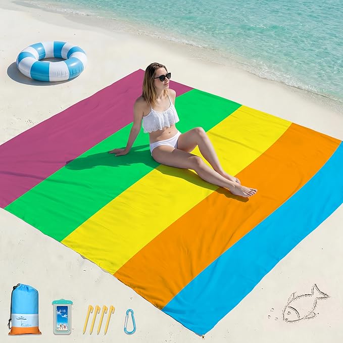 Famstar Beach Blanket Oversized Extra Large 78"X81"/10'X9',Waterproof Sandproof Beach Blanket 2-8 Adults Lightweight Durable for Travel Camping Hiking Picnic