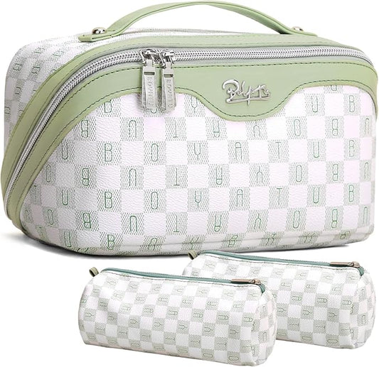 BOYATU Travel Makeup Bag Organizer Cosmetic Bag: 3 Pcs Set Make up Bags for Women with Handle - Waterproof Vegan Leather Toiletry Bags Travel Essentials Pouch with Compartments (H-06-Green)