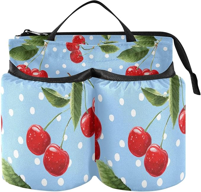 Luggage Cup Holder for Suitcases Free Hands Suitcase Cup Holder Travel Luggage Drink Holder Portable Luggage Cup Caddy Bag Carrier with Handle Light Blue Dots Red Cherry
