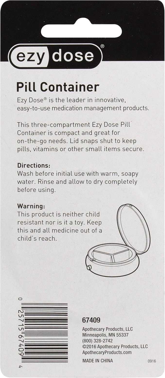 EZY DOSE Fashion Daily Round, Portable On-The-Go Pocket Pharmacy, Pill Box, Organizer and Vitamin Containers, Snap Shut Lids, Perfect For Traveling, Color May Vary, BPA Free