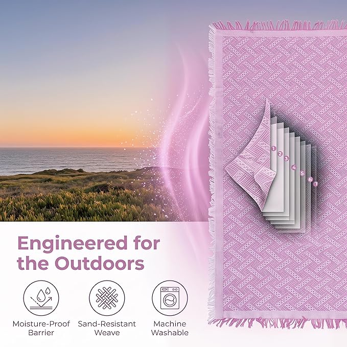70x70 Bohemian Picnic Mat Extra Large, Sand Proof Outdoor Camping Blanket Machine Washable, Lightweight Portable Travel Tarp for 5-7 Adults Beach Park Grass (Pink-T-Grid)