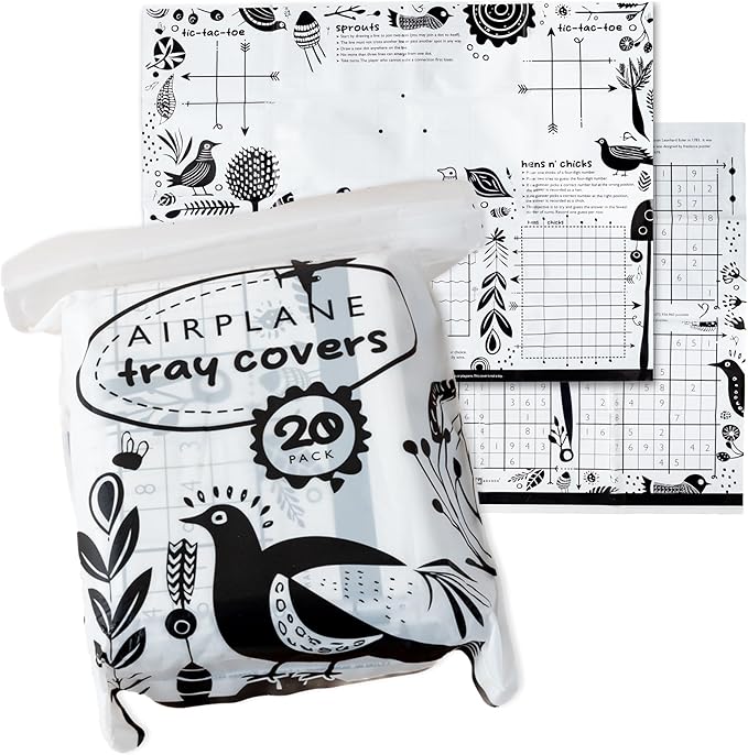GSM Brands Disposable Airplane Tray Table Cover (Pack of 20) - Double Sided with 12 Games - Opaque White