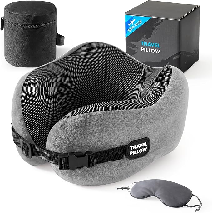 Neck Pillow Travel Pillow - 100% Pure Memory Foam Airplane Pillow with Adjustable Clasp & Removable Cover, Portable Travel Essentials for Long Flights, Car & Office (Light Gray, with Eye Mask)