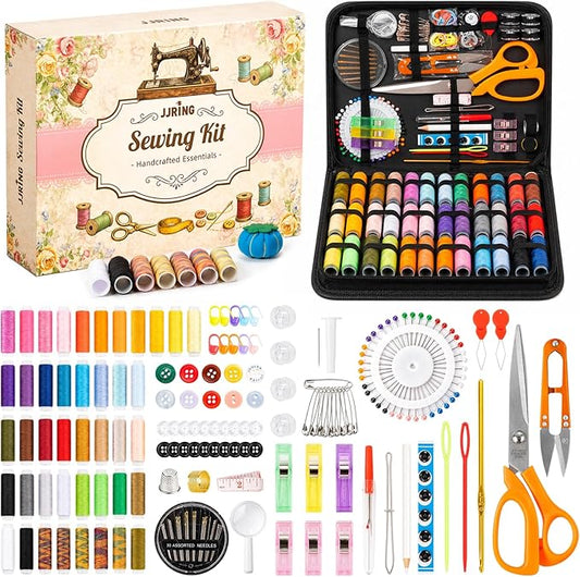 JJRING 200 PCS Sewing Kit for Adults, Premium Needle and Thread Kit with Portable Handbag & Beautiful Gift Box, Complete Hand Sewing Supplies for Beginners, Home, Travel DIY and Emergency Repair