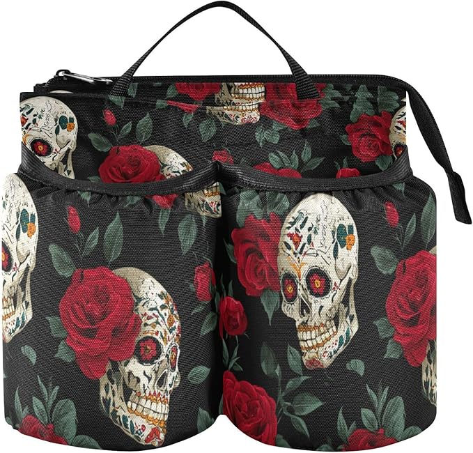 Luggage Cup Holder for Suitcases Free Hands Suitcase Cup Holder Travel Luggage Drink Holder Portable Luggage Cup Caddy Bag Carrier with Handle Mexico Skull Rose Flowers Red