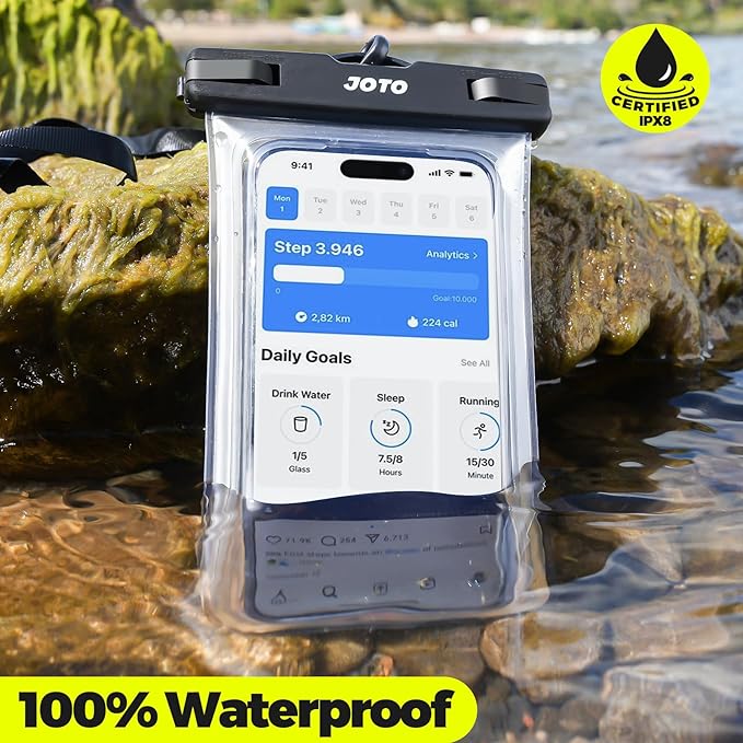 JOTO 2 Pack Waterproof Phone Pouch Case Up to 7", IPX8 Underwater Phone Case Cellphone Dry Bag for iPhone 17/Air 16 15 14 13 12 Pro Max Xs Max XR X 8 7 6S Plus SE/Galaxy S24 S23 S22 -Black/Clear