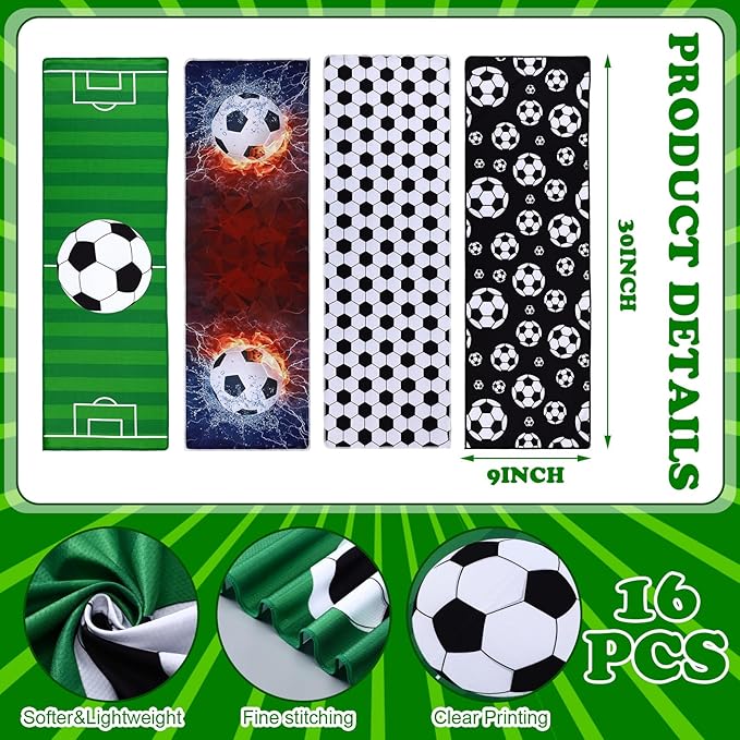Tudomro 16 Pcs Sports Soccer Cooling Towels Soccer Breathable Chilly Cooling Towel for Neck and Face 30" x 9" Microfiber Sport Rag for Players Team Gift Sport Party Favors