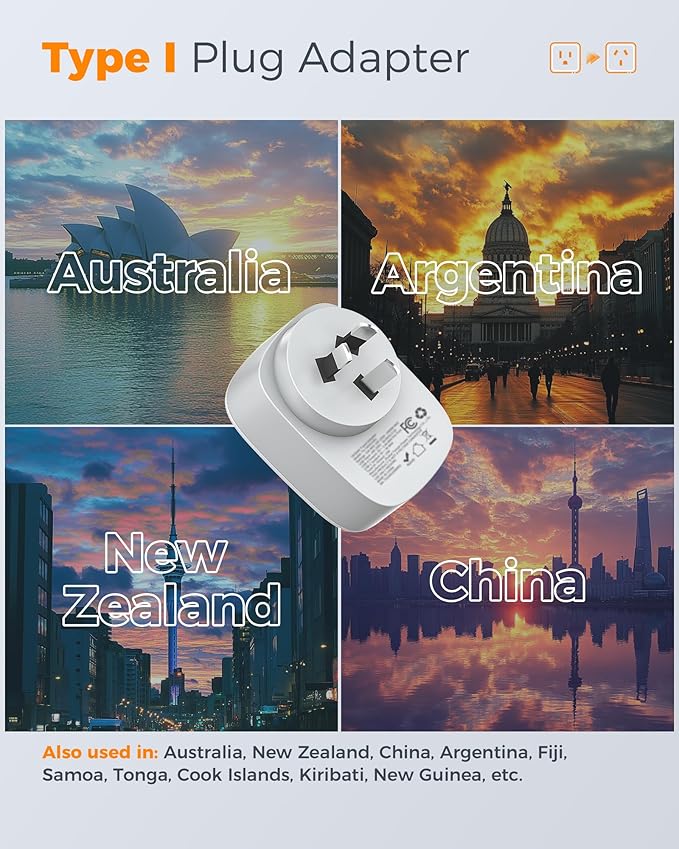Australia New Zealand Power Adapter 3 Pack, TESSAN Type I Travel Adaptor with 3 USB Charger (1 USB C Port) for US to Australian Argentina China Fiji Cook Islands