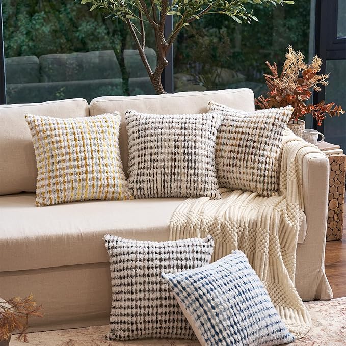Aeckself Boho Chenille Tufted Pillow Cover 18x18 Inch, Decorative Square Throw Pillow Cover Neutral Pillowcase for Couch Bedroom Living Room, Black Gray
