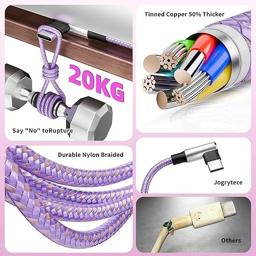 90 Degree 3-in-1 Multi Charging Cable 2Pack 5FT - Right Angle USB C to Type C/IP/Micro USB, Gamer & Travel Essential for iPhone 17-12, Galaxy, Huawei, iPad and More