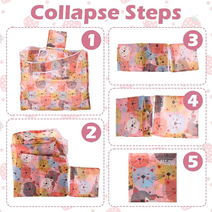 Ouligay 3 PCS Foldable Reusable Shopping Bags Foldable Grocery Bags 46×40cm Machine Washable Polyester Large Reusable Tote Bag for Daily Shopping Supplies Women Supermarket (1 Cat, 2 Strawberries)