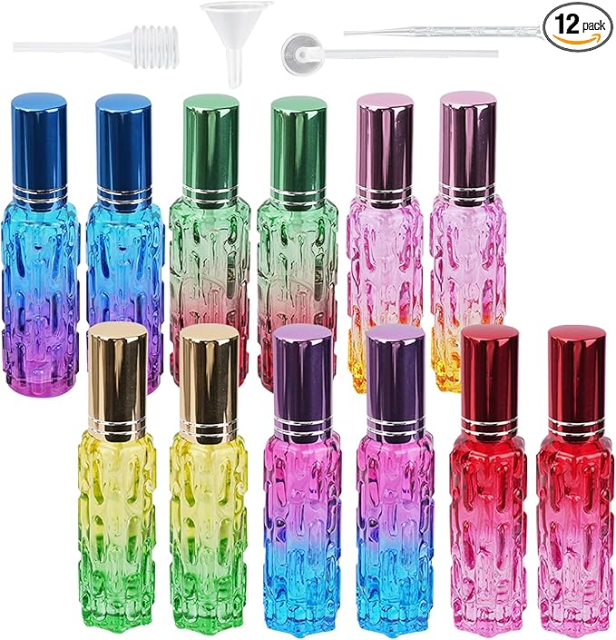 12Pcs 10ML Leak Proof Perfume Travel Bottles - Refillable Glass Atomizer with Transfer Tools, Portable Cologne Dispenser for Travel/Gym/Dates (Rainbow)