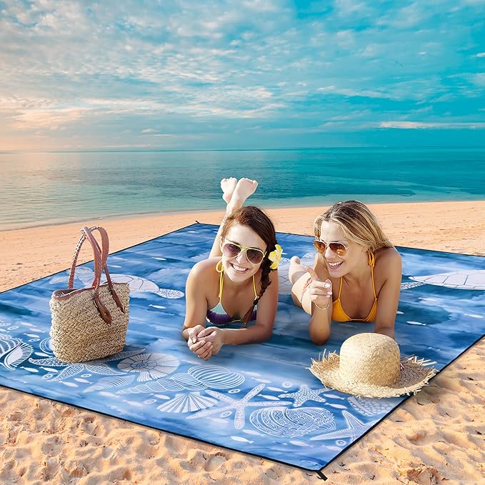 HIHOHO Beach Blanket Waterproof Sandproof Beach Mat 79”x 83” for 1-8 Adults Quick Drying Durable Outdoor Picnic Mat for Beach Festival Travel Camping Hiking (Ink Turtle-BL, 79"×83"(4 Person))