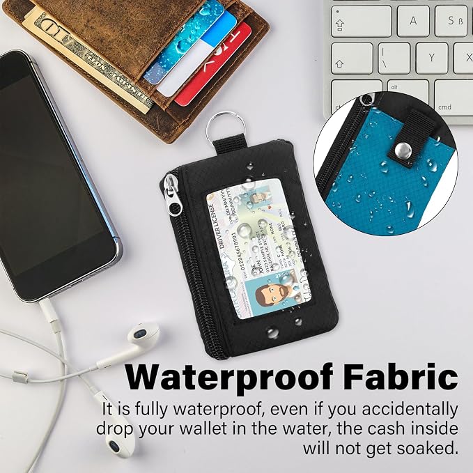 Minimalist Small Wallet for Men Women with 2 Zip Pockets, Multi Functional ID Case with Keychain and Card Holder, Coin Purse Badge Lanyard Pouch for Boys Girls Travel - Black&Blue