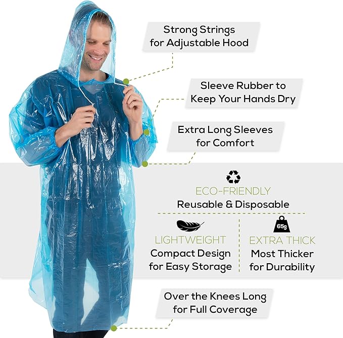 Wealers Rain Poncho Bulk Pack Disposable Ponchos Adults Emergency Raincoat Hood Strings Multi Colors