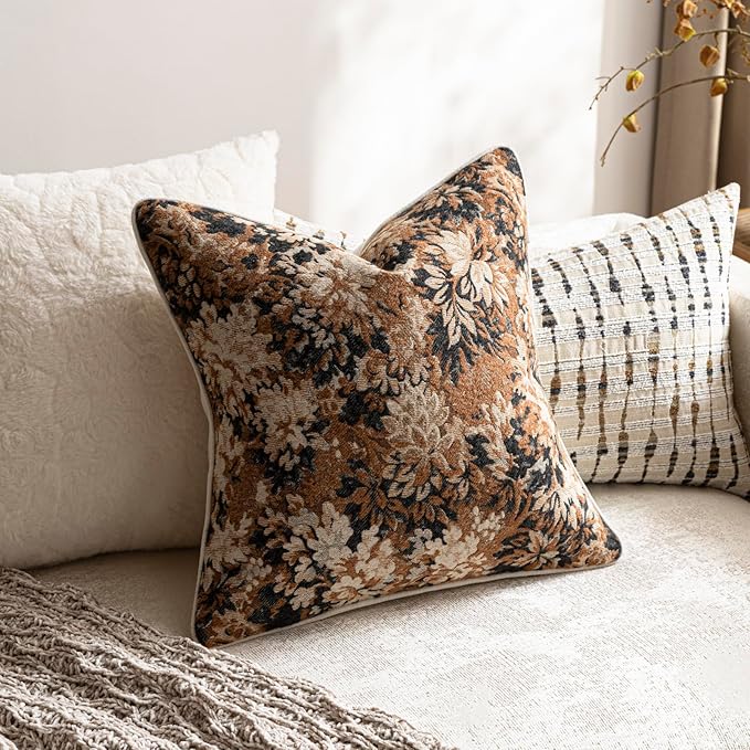 DEZENE Pack of 2 Vintage Floral Euro Sham Covers 26x26 Boho Farmhouse Accents Chenille Square Decorative Throw Pillow Cases for Living Room Couch Bed Home Decor, Cognac