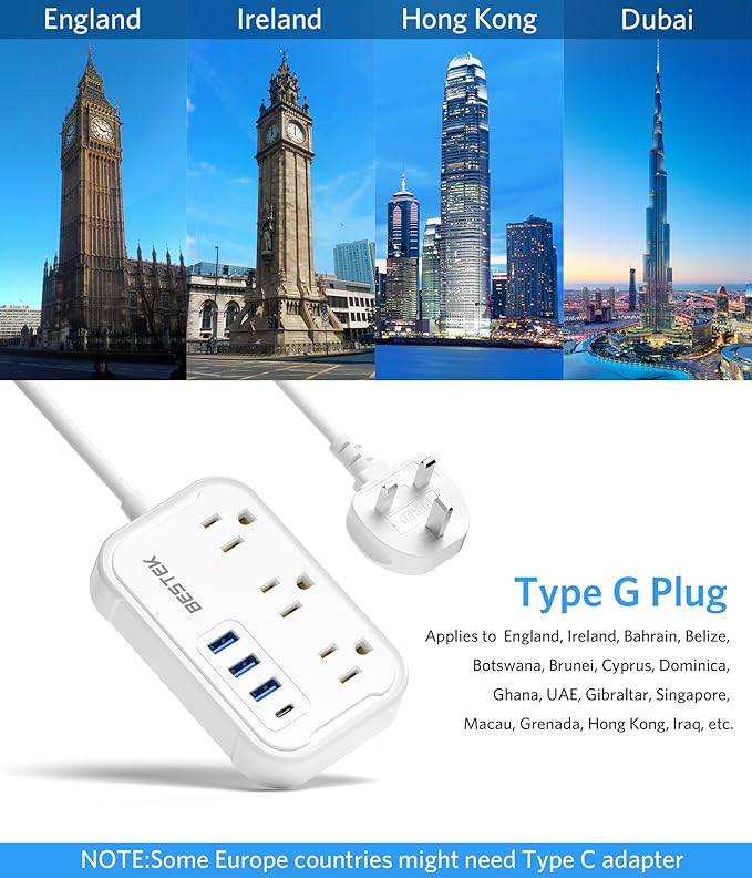 BESTEK US to UK Travel Plug Adapter: Type G Adapter with 3 AC Outlets and 4 USB (1 PD20W) - Power Strip for USA, UK, Ireland, Scotland, Hong Kong, British, London - 2.6ft
