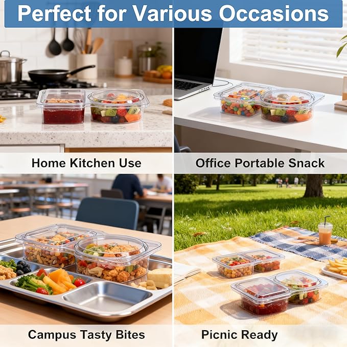 20 Pack Reusable Snack Containers with Lids, Double Compartment Snack Containers for kids & Adults -2 Compartment Condiment Containers, Dishwasher & Microwave Safe, for Portion Control, Meal Prep