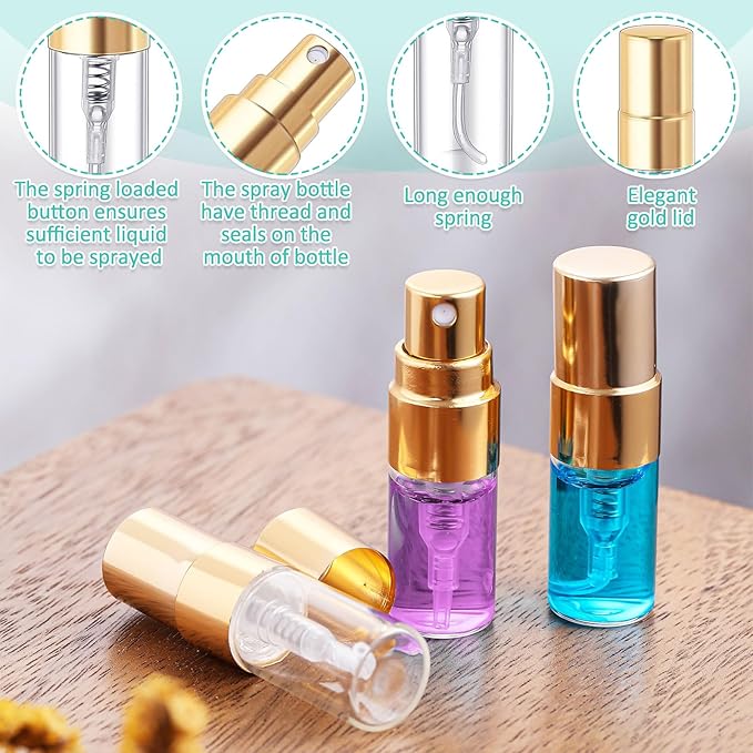 Zhehao 10 Pcs Mini Spray Bottles 2 ml Clear Glass Perfume Bottles Refillable Fine Mist Perfume Atomizer Portable Empty Sample Containers for Cleaning, Essential Oils, Travel (Gold Cap)