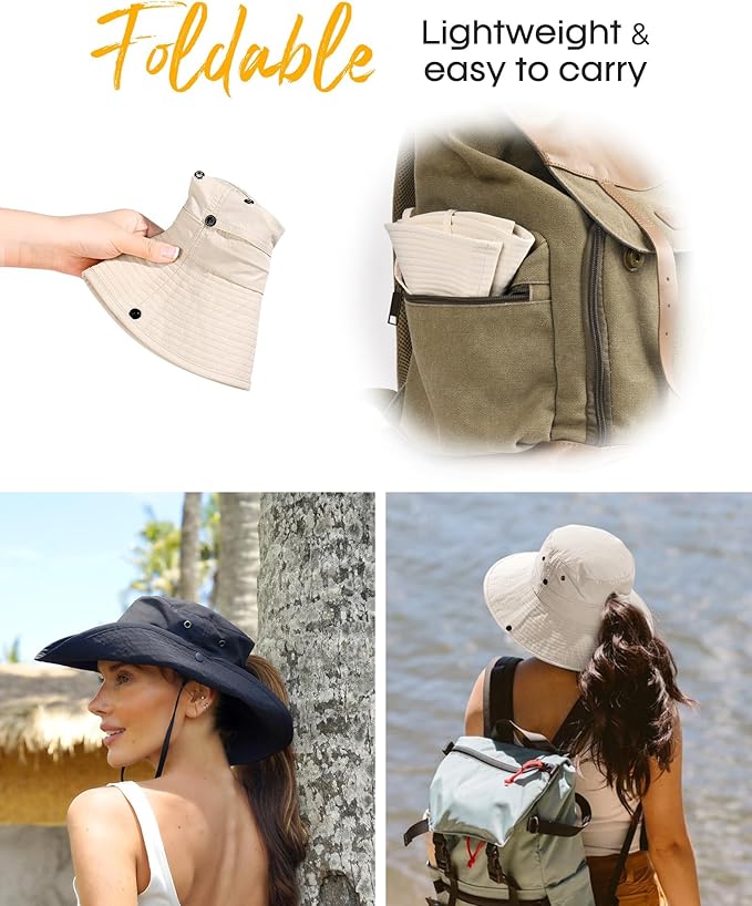 FURTALK Sun Hats for Women Ponytail UPF 80+ Beach Summer Hat Wide Brim Packable Cowboy Hat