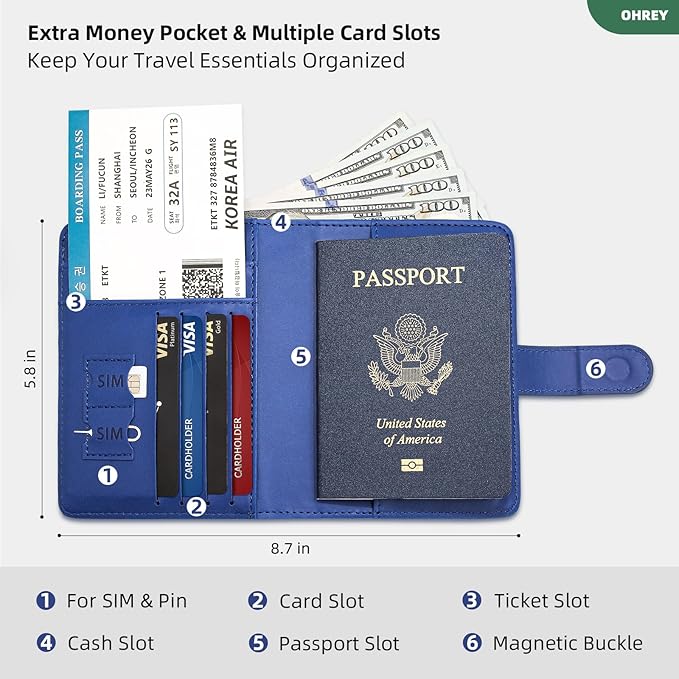Passport Holder for Travel with Luggage Tag Cover – RFID Blocking Passport Wallet for Women & Men | PU Leather Passport Cover/Passport Case with Extra Money Pocket & Magnetic Clasp – Blue