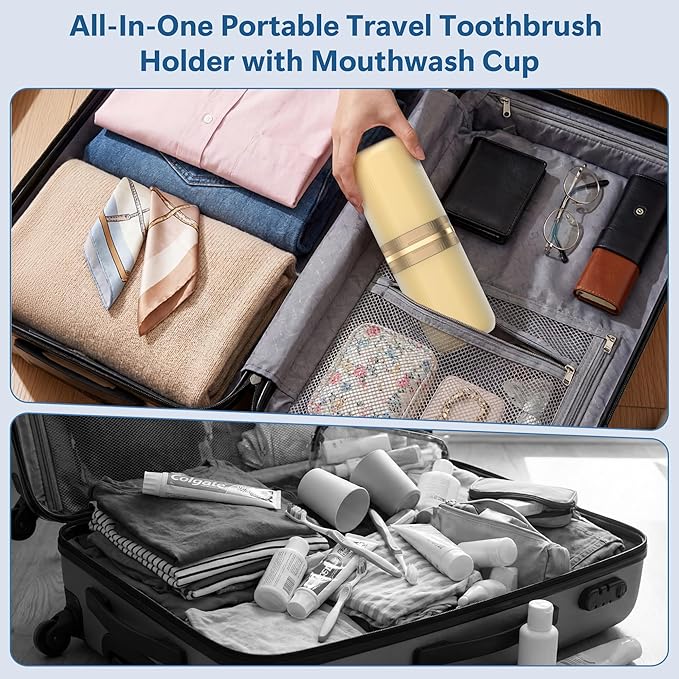 Quatish 4-in-1 Toothbrush Travel Case, Portable Toothbrush Holder with 4 Rinse Cups, Large-Capacity Storage for Toothbrush & Toothpaste, Ideal for Travel, Home, Camping, Gym, Business Trip (Yellow)