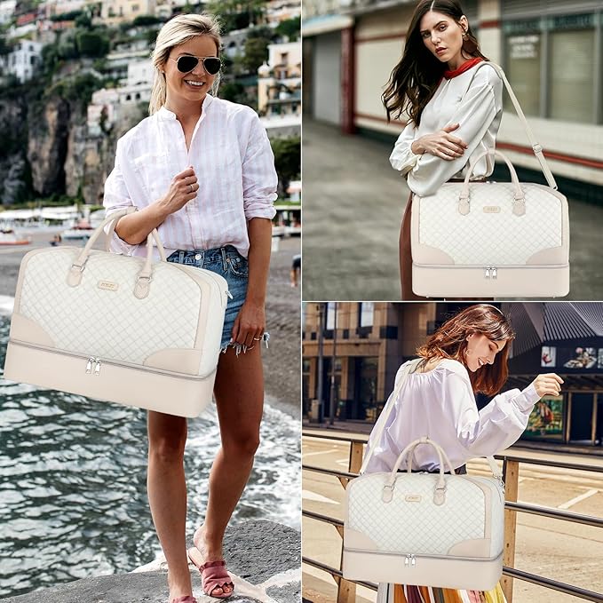 ITIEZY Weekender Overnight Bag for Women - Large Travel Duffel Bag with Shoe Compartment, Gym Duffel Bag Hospital Bag Carry On Tote Bags for Airplanes with Crossbody Bag Toiletry Bag 3Pcs Set