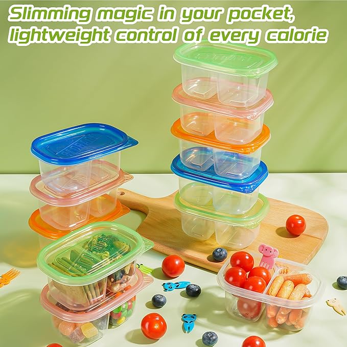 ALFEVA 20Pcs Reusable Snack Containers with Lids Portion Control, Camping Essentials,Meal Prep Containers for Kids Adults, 10 Forks, Double Compartment Snack Containers for Travel (4 Color)